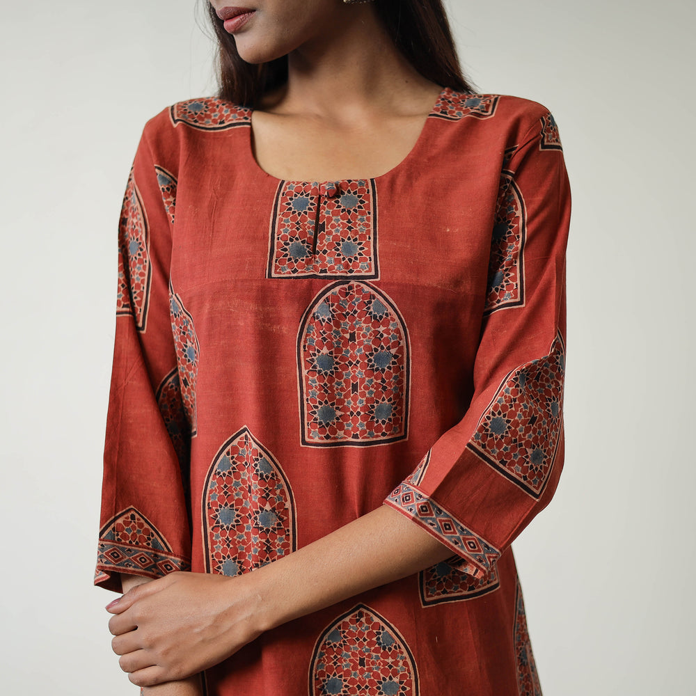 Red - Block Printed Cotton Straight Ajrakh Kurta 06