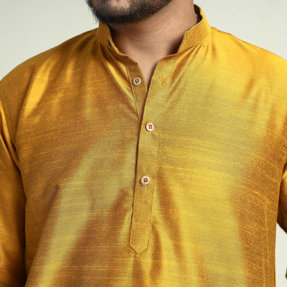 Mustard - Yellow Plain Dyed Slub Silk Men Long Kurta