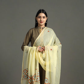Yellow - hand embroidery kota silk handloom kashida dupatta