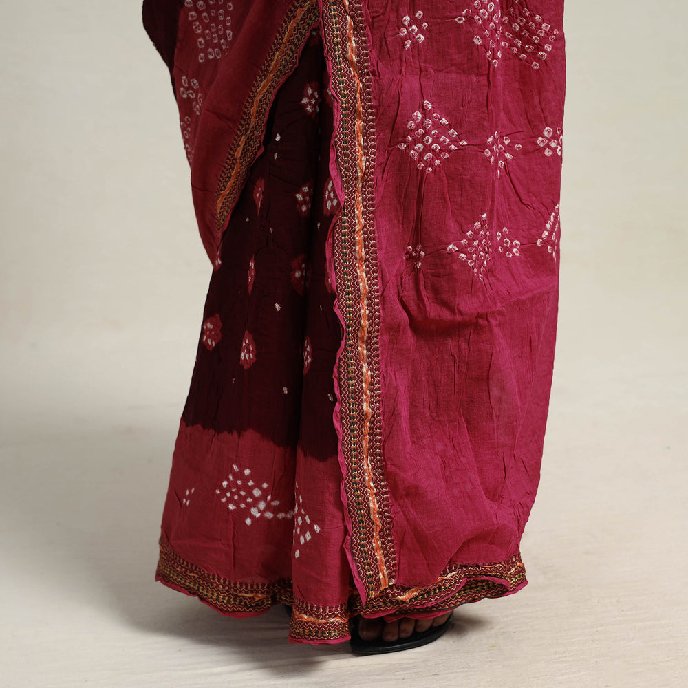 Maroon - Kutch Tie-Dye Cotton Bandhani Saree with Blouse Piece 20