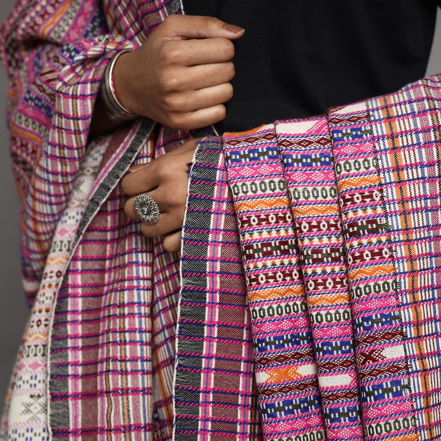Pink - Kutch Hand Embroidery Handwoven Fine Woolen Shawl