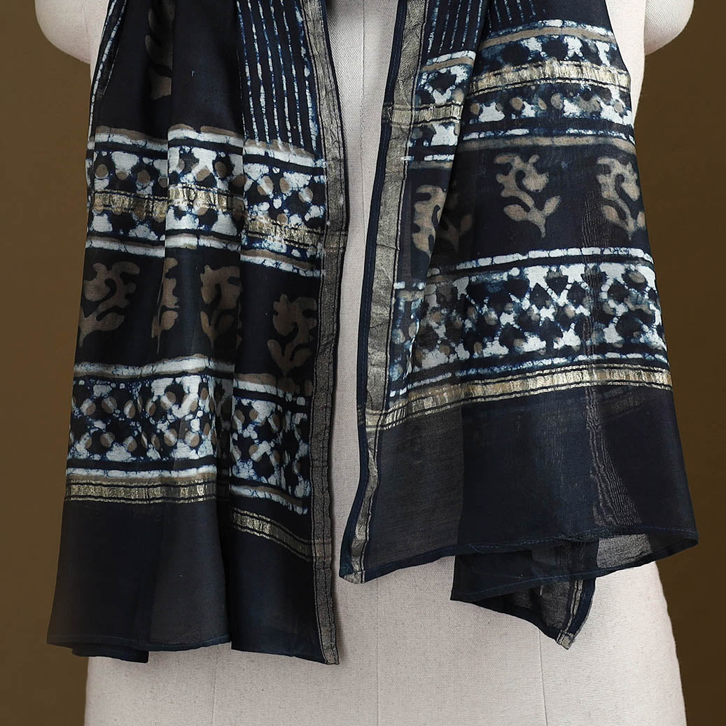 Black - Pipad Hand Block Print Natural Dyed Chanderi Silk Handloom Stole 10