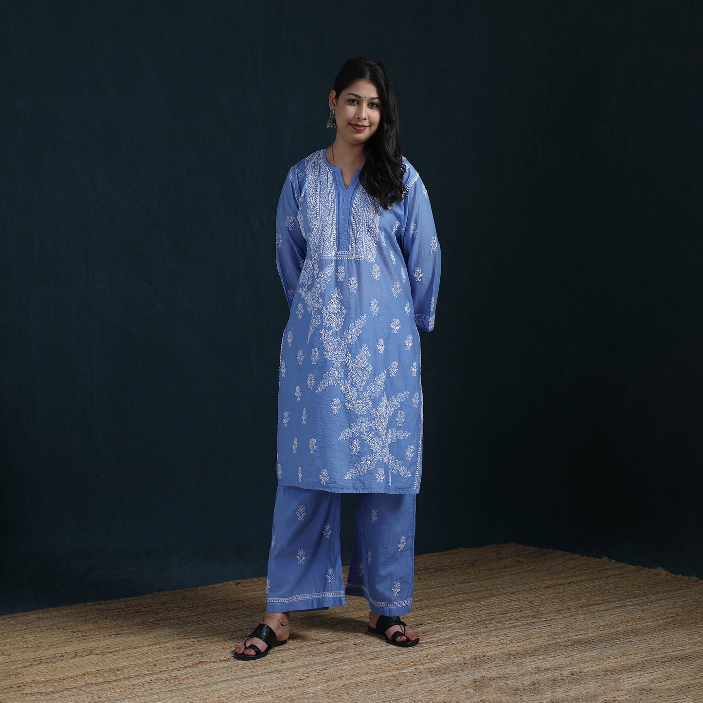 Blue - Hand Embroidered Mul Chanderi Chikankari Kurta with Palazzo Set for Women 21