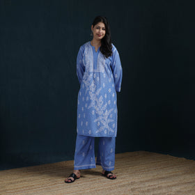 Blue - Hand Embroidered Mul Chanderi Chikankari Kurta with Palazzo Set for Women 21
