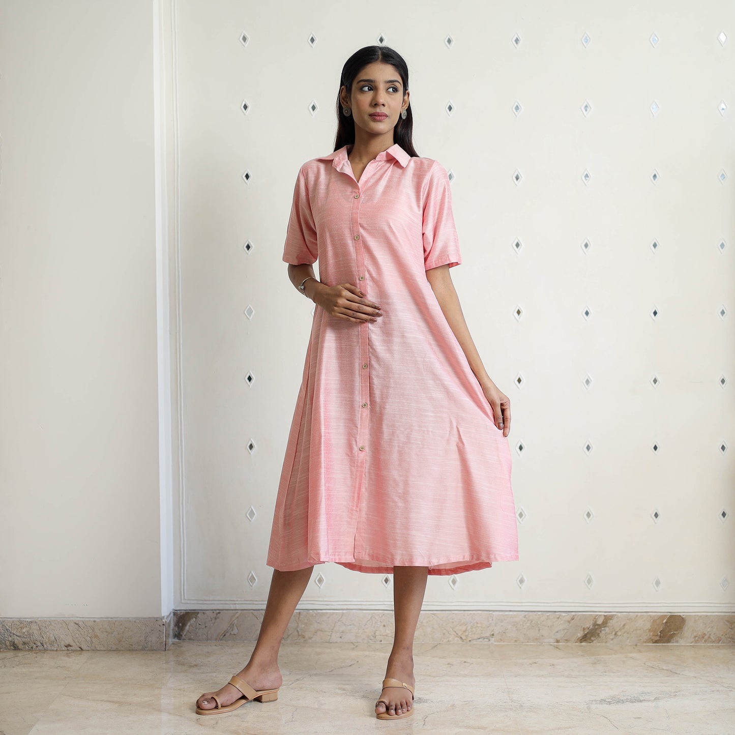 Zeenat Baby Pink Slub Silk Plain Dress