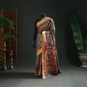 Pure Handloom Desi Tussar Silk Handpainted Srikalahasti Pen Kalamkari Saree with Zari Border 05