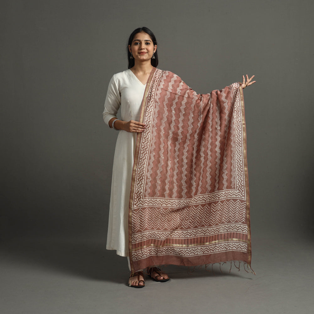 Brown - Block Printed Chanderi Silk Bagru Dupatta 64