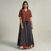 Multicolor - Kutch Block Printed 24 Kali Cotton Long Skirt 07