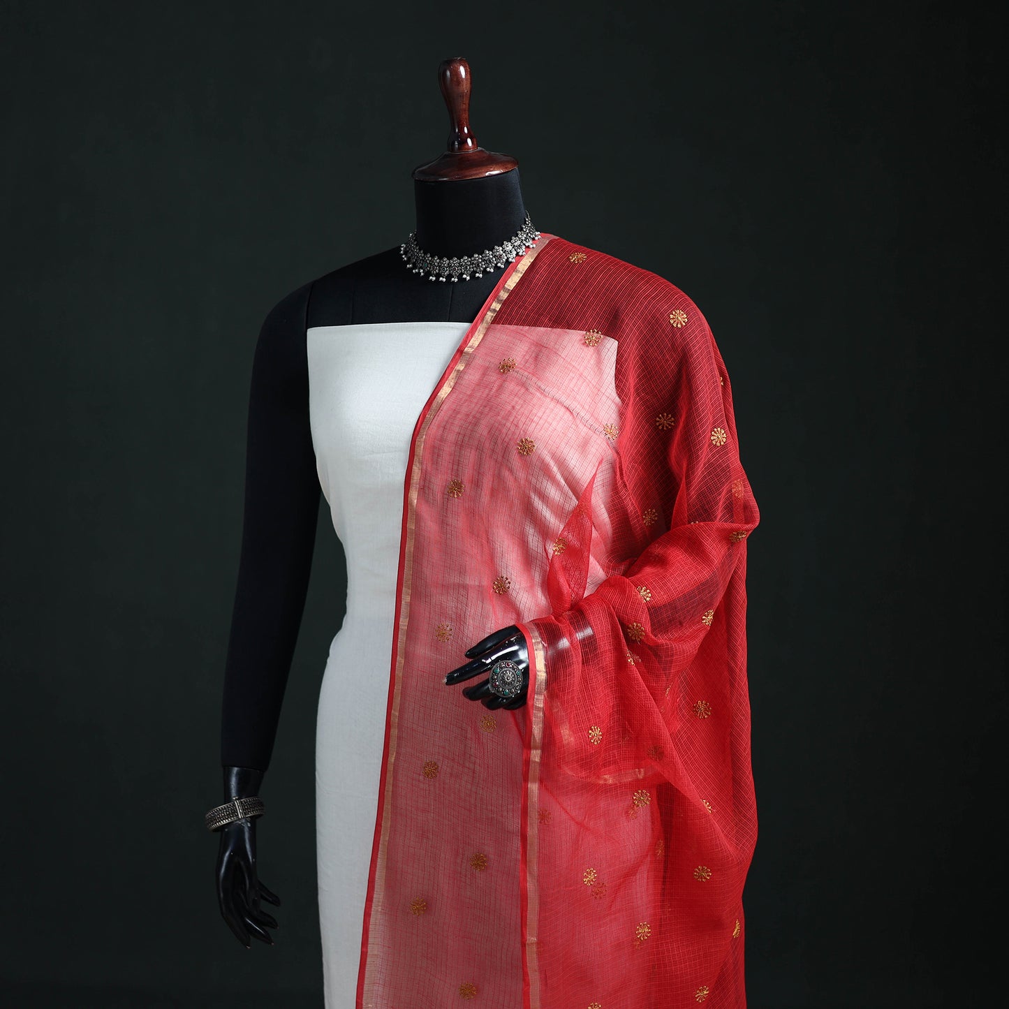 Kota Doria Cotton Embroidered Plain Dupatta 09