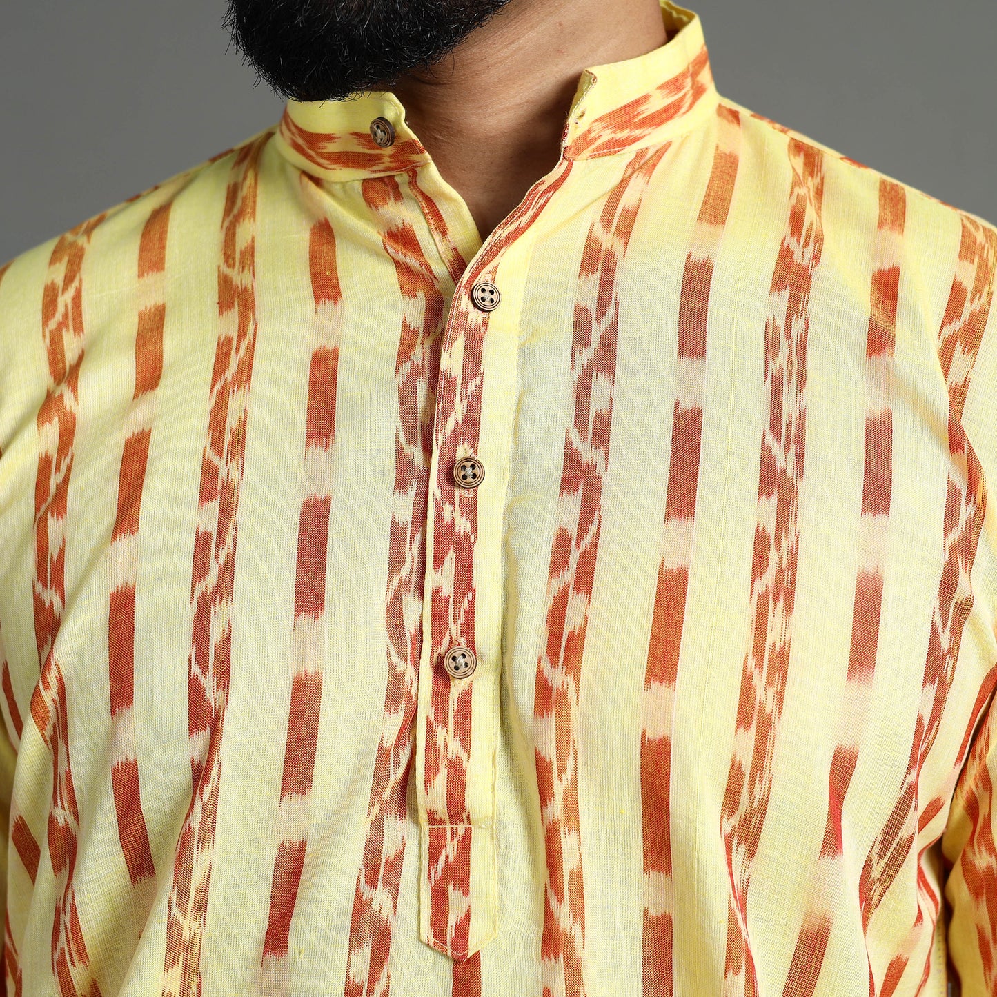 Light Yellow - Sambalpuri Ikat Weave Cotton Men Short Kurta