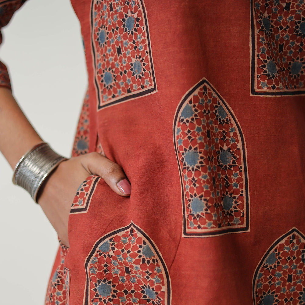 Red - Block Printed Cotton Straight Ajrakh Kurta 06