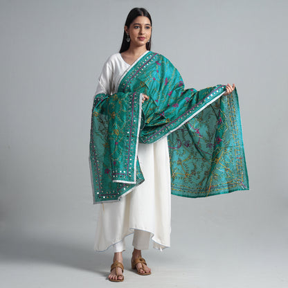 Green - Ranihati Chanderi Silk Chapa Work Phulkari Embroidered Dupatta 09