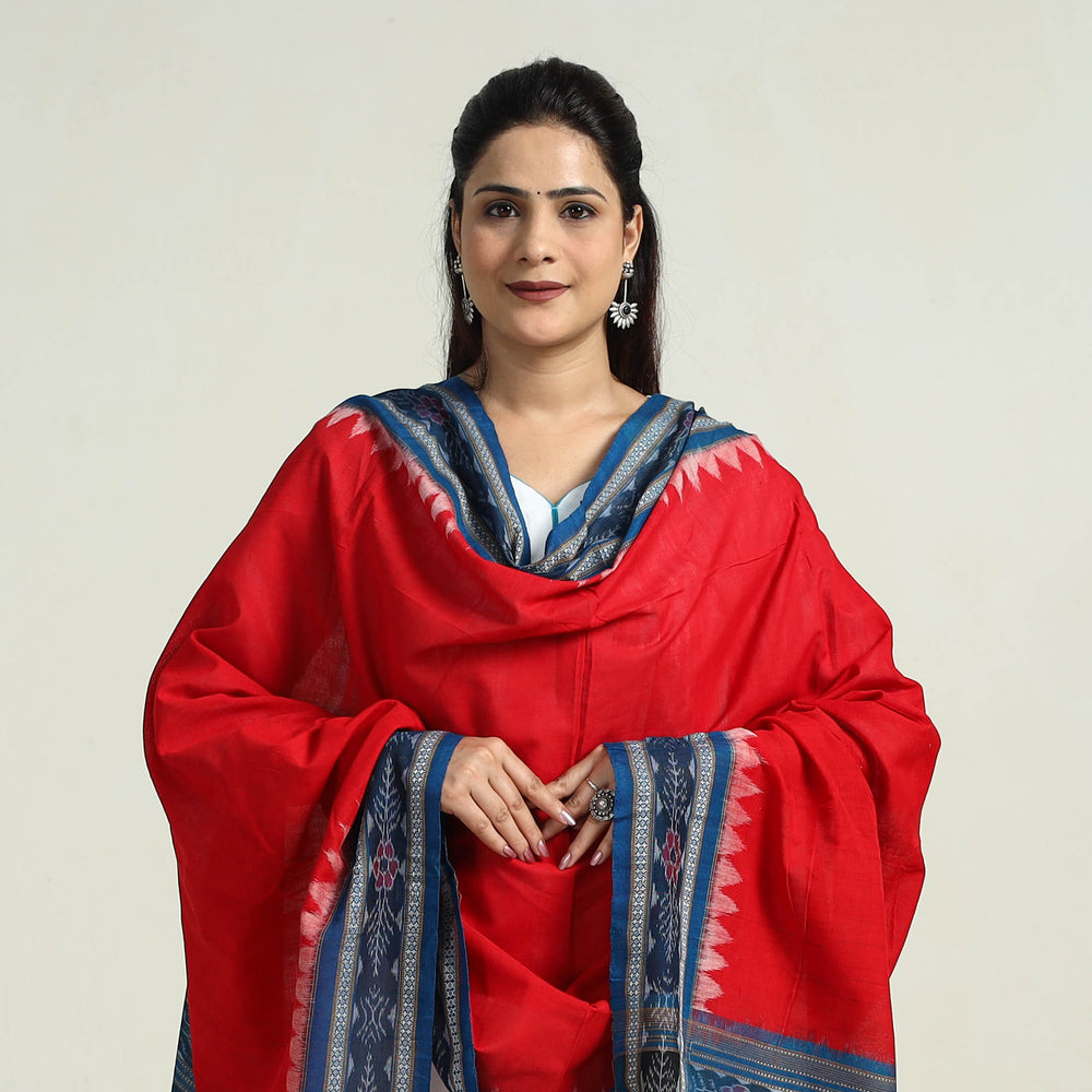 Red - Sambalpuri Ikat Weave Handloom Plain Cotton Dupatta 26