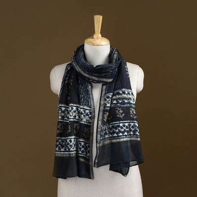 Black - Pipad Hand Block Print Natural Dyed Chanderi Silk Handloom Stole 10
