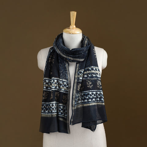 Black - Pipad Hand Block Print Natural Dyed Chanderi Silk Handloom Stole 10