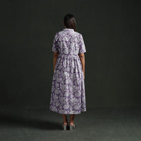 Collared Neck Buttoned Down Flared Cotton Hand Block Batik Print Dress 04