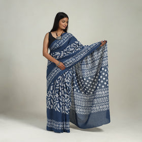 Buy Cotton Blue Hand Batik Print Saree online