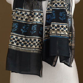 Black - Pipad Hand Block Print Natural Dyed Chanderi Silk Handloom Stole 11