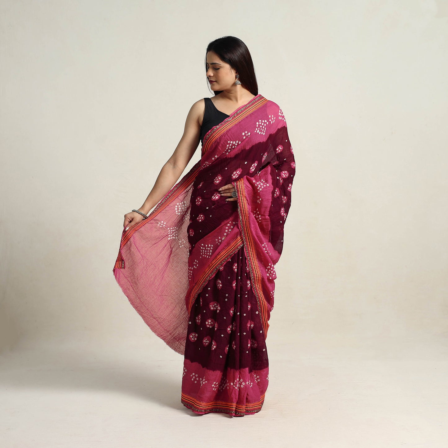 Maroon - Kutch Tie-Dye Cotton Bandhani Saree with Blouse Piece 19