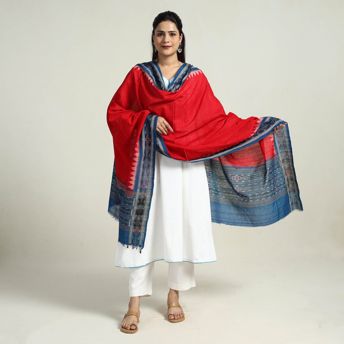 Red - Sambalpuri Ikat Weave Handloom Plain Cotton Dupatta 26