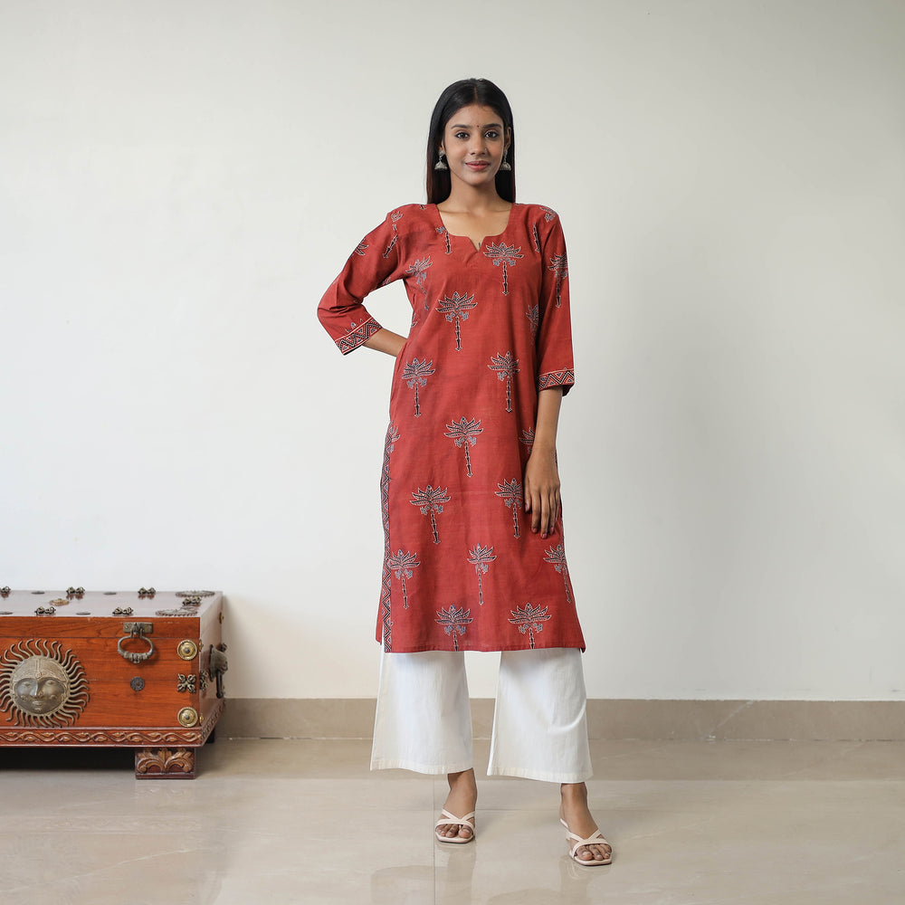 Red - Block Printed Cotton Straight Ajrakh Kurta 13