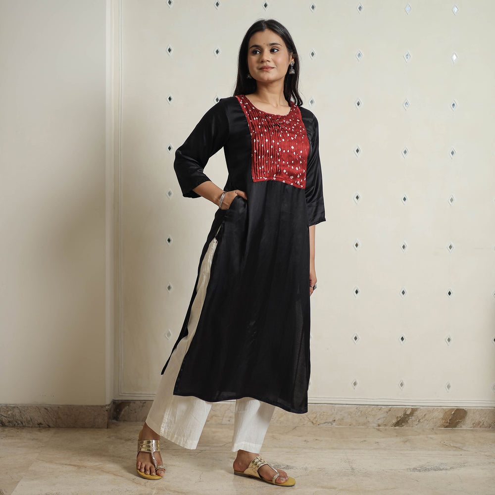 Black - Plain Modal Silk Straight Kurta with Bandhani Pintuck Patchwork 05