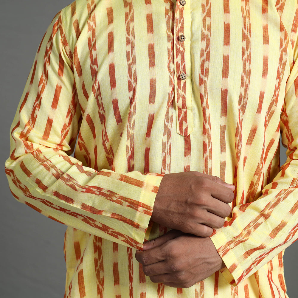 Light Yellow - Sambalpuri Ikat Weave Cotton Men Short Kurta