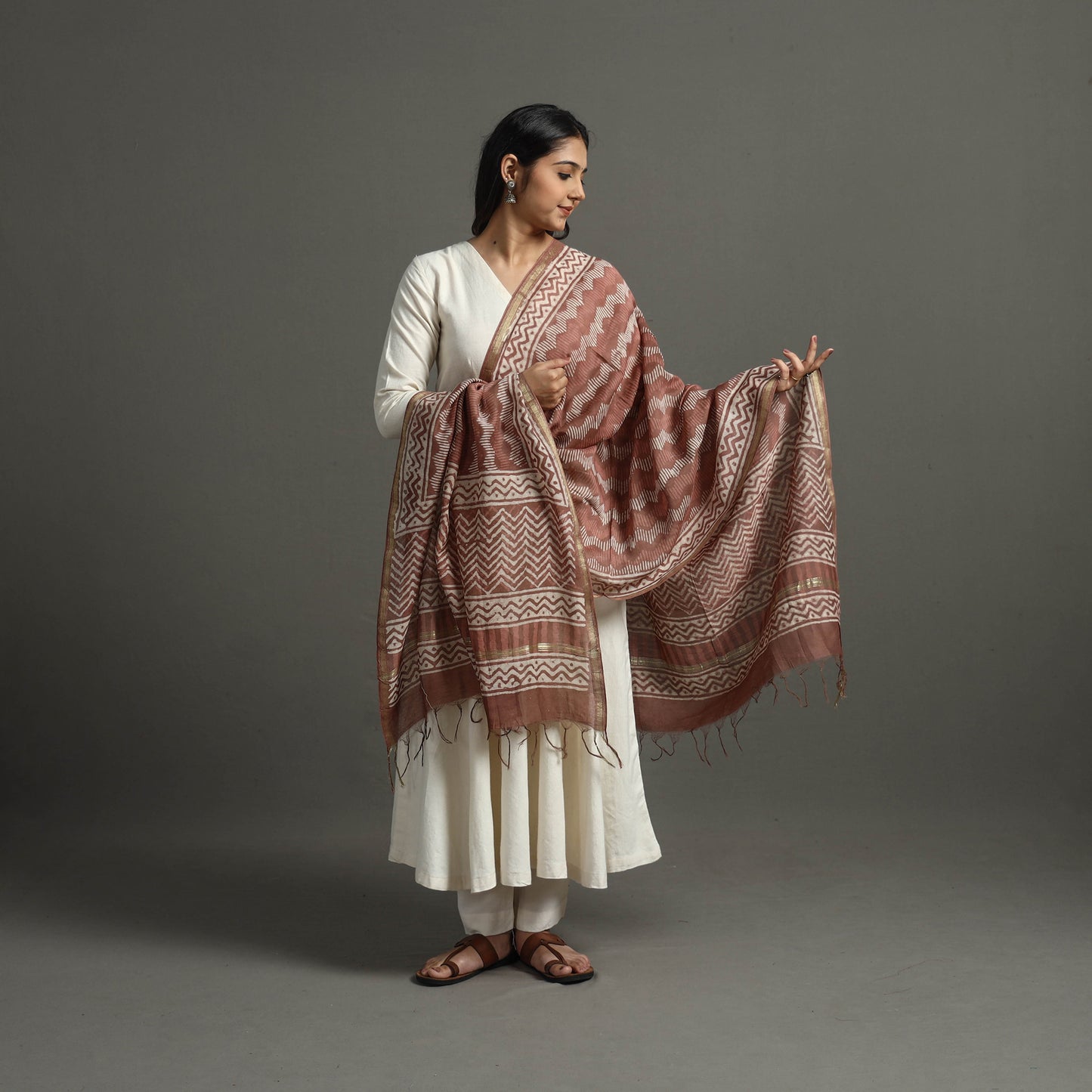 Brown - Block Printed Chanderi Silk Bagru Dupatta 64