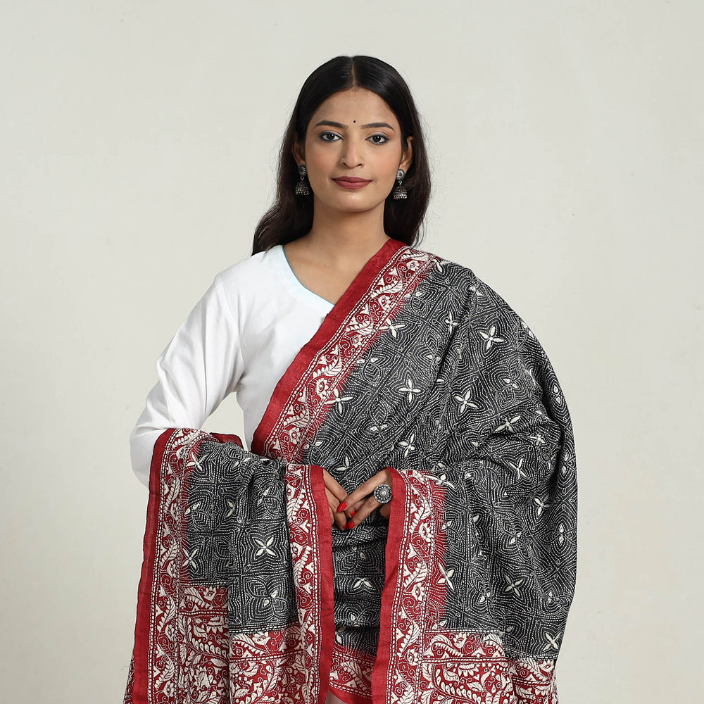 Black - Handloom Tussar Silk Bengal Kantha Embroidery Dupatta 15