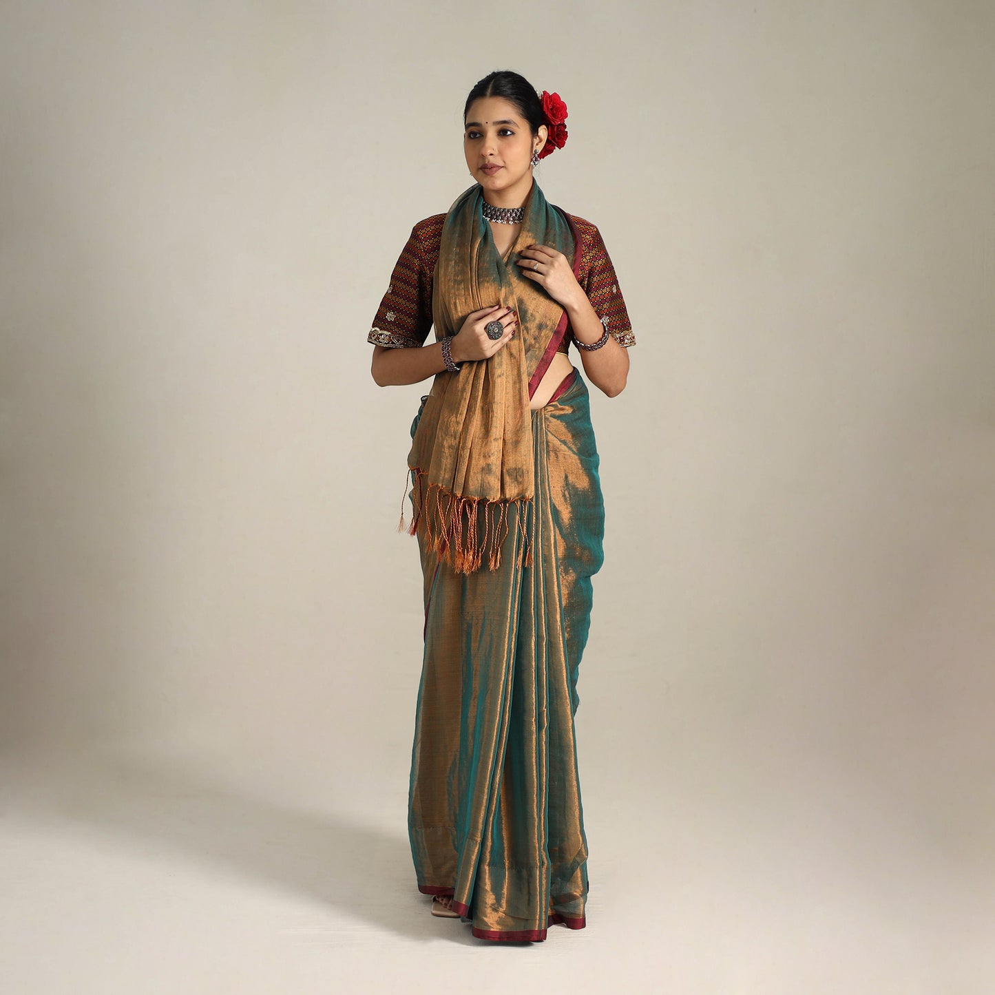 Green - Fine Tissue Zari Bengal Saree with Embroidered Blouse 07