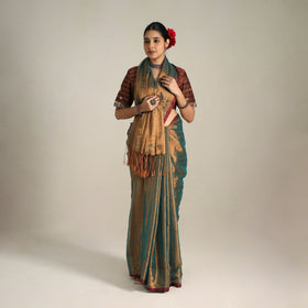 Fine Tissue Zari Green Bengal Saree with Embroidered Blouse