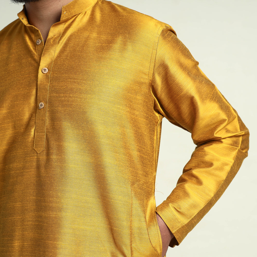 Mustard - Yellow Plain Dyed Slub Silk Men Long Kurta