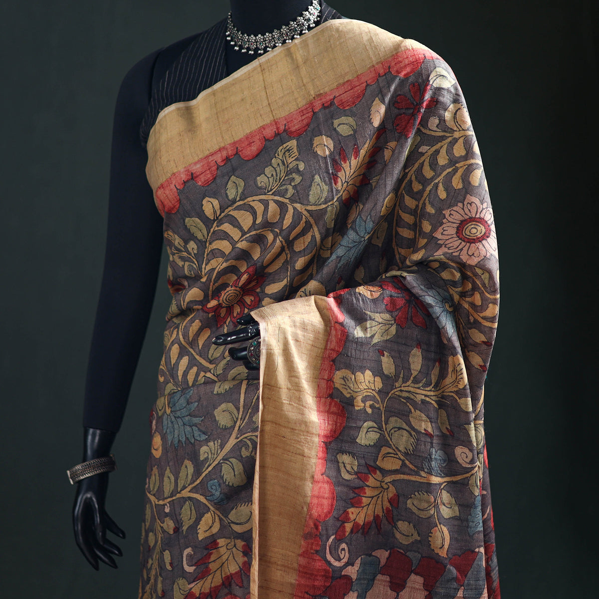 Pure Handloom Desi Tussar Silk Handpainted Srikalahasti Pen Kalamkari Saree with Zari Border 05
