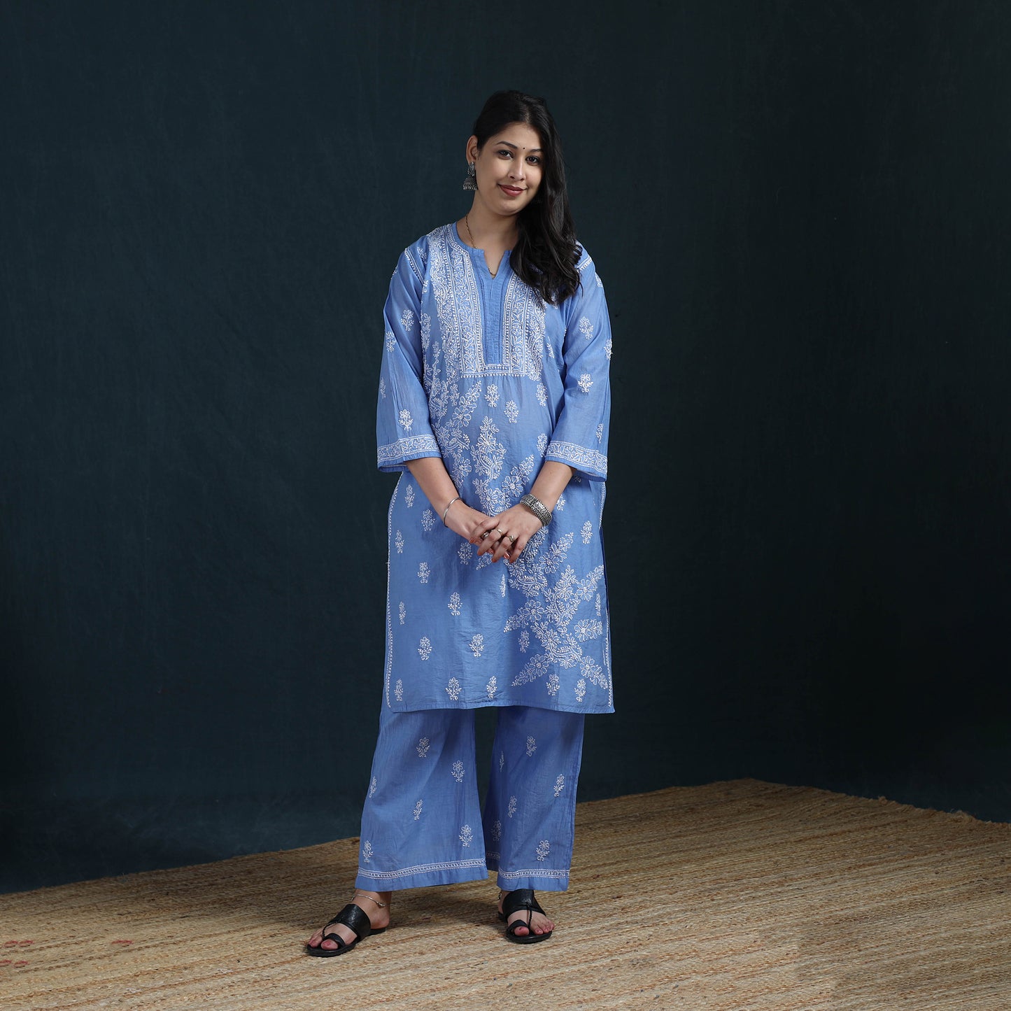 Blue - Hand Embroidered Mul Chanderi Chikankari Kurta with Palazzo Set for Women 21