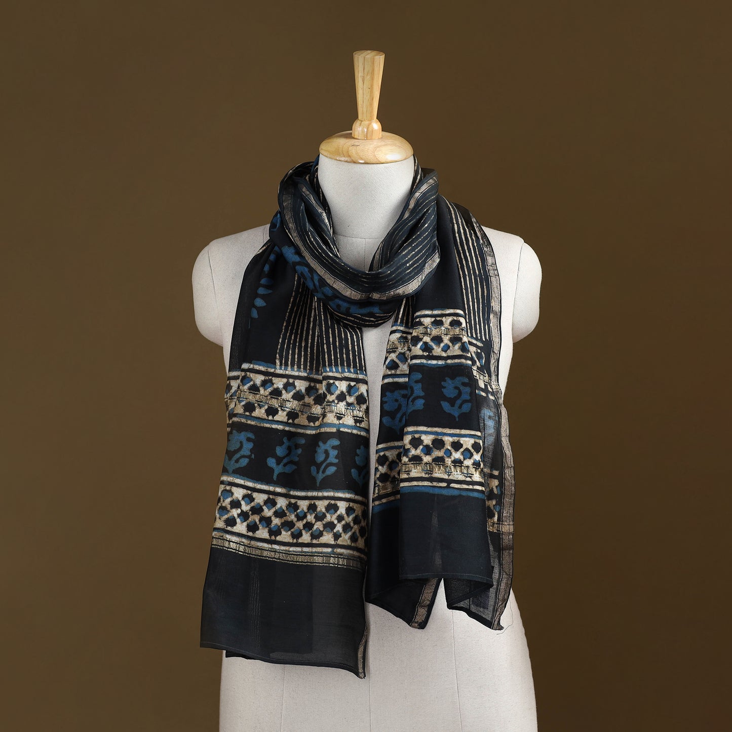 Black - Pipad Hand Block Print Natural Dyed Chanderi Silk Handloom Stole 11