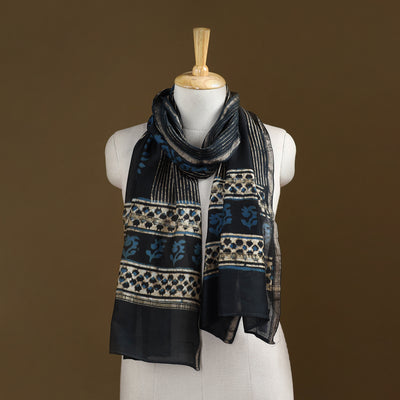 Black - Pipad Hand Block Print Natural Dyed Chanderi Silk Handloom Stole 11
