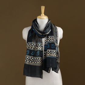 Black - Pipad Hand Block Print Natural Dyed Chanderi Silk Handloom Stole 11