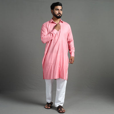 Baby Pink - Linen Viscose Plain Men Long Pathani Kurta