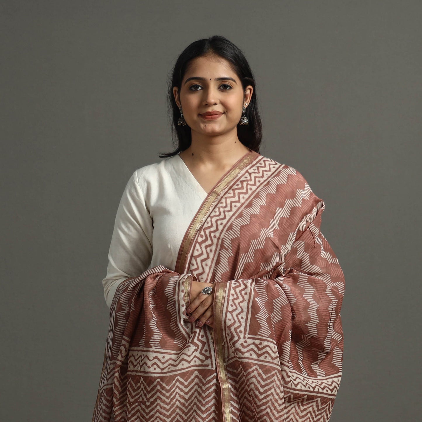 Brown - Block Printed Chanderi Silk Bagru Dupatta 64