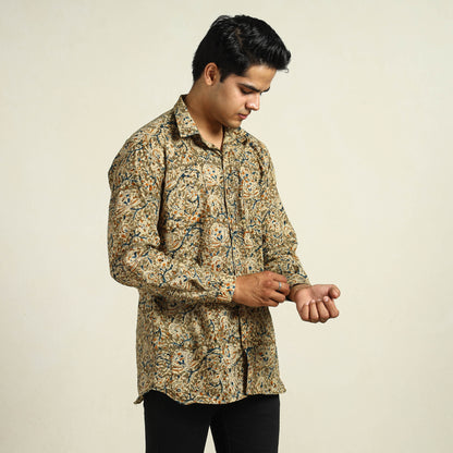 Green - Kalamkari Block Printed Cotton Men Full Sleeve Shirt 08