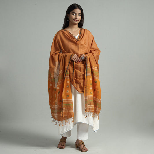 Orange - Bengal Jamdani Buti Handloom Cotton Dupatta with Tassels 41