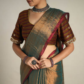 Fine Tissue Zari Green Bengal Saree with Embroidered Blouse