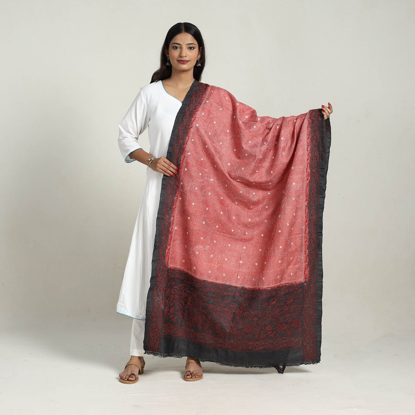 Maroon - Handloom Tussar Silk Bengal Kantha Embroidery Dupatta 16