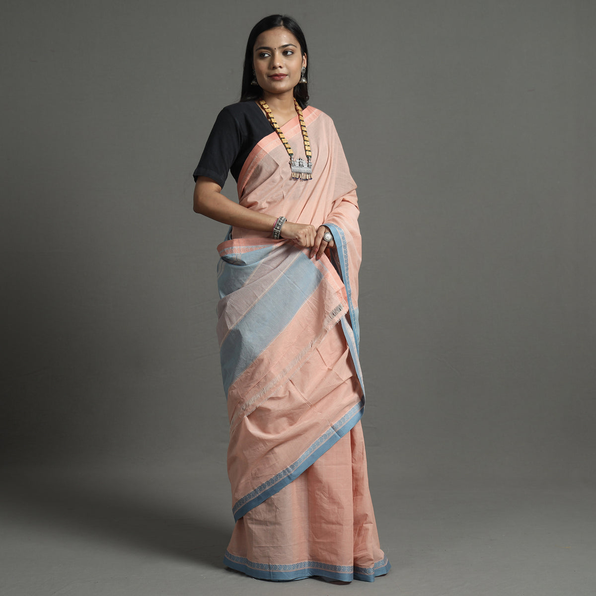 Peach - Pure Handloom Natural Dyed Dobby Cotton Saree 7