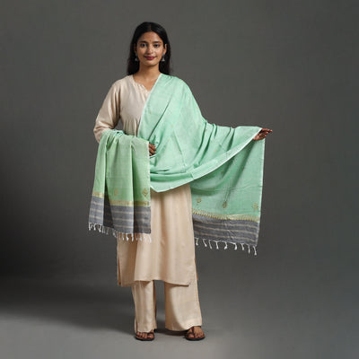 Green - Assam Weave Thread Buti Cotton Handloom Dupatta 16