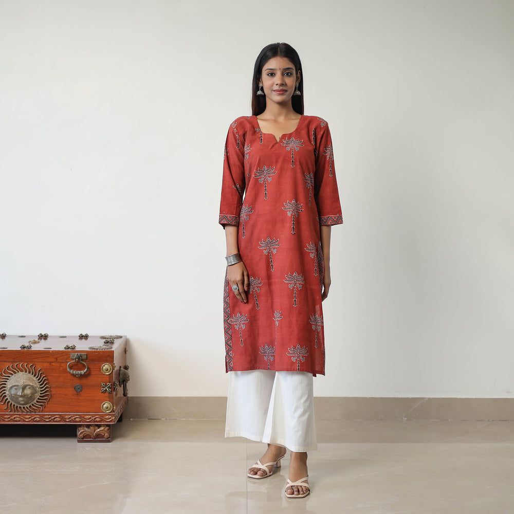 Red - Block Printed Cotton Straight Ajrakh Kurta 13