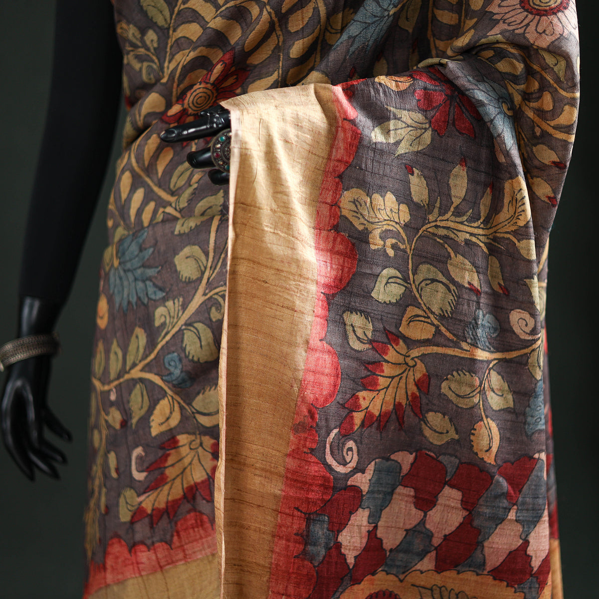 Pure Handloom Desi Tussar Silk Handpainted Srikalahasti Pen Kalamkari Saree with Zari Border 05