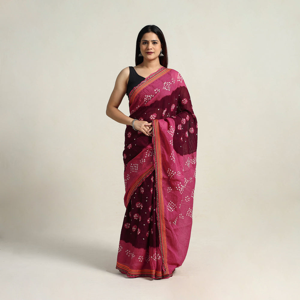 Maroon - Kutch Tie-Dye Cotton Bandhani Saree with Blouse Piece 19