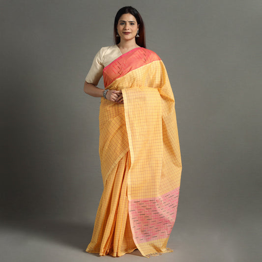 Orange - Traditional Venkatagiri Handloom Cotton Checks Saree 07
