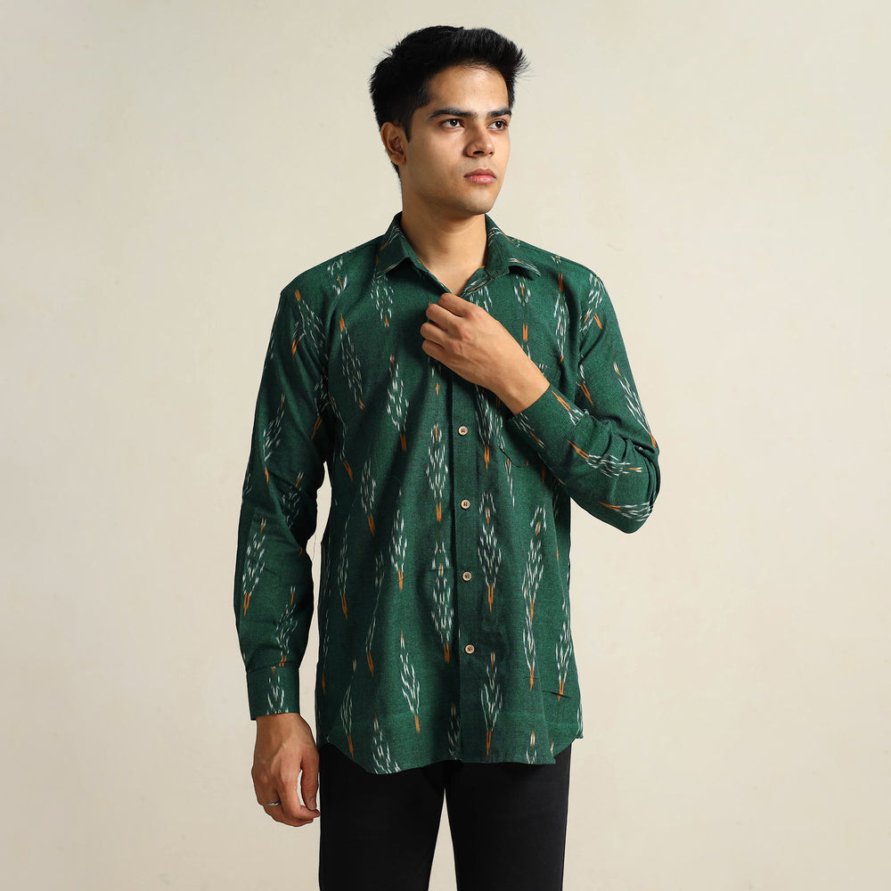 Green - Pochampally Ikat Weave Cotton Men Full Sleeve Shirt 29